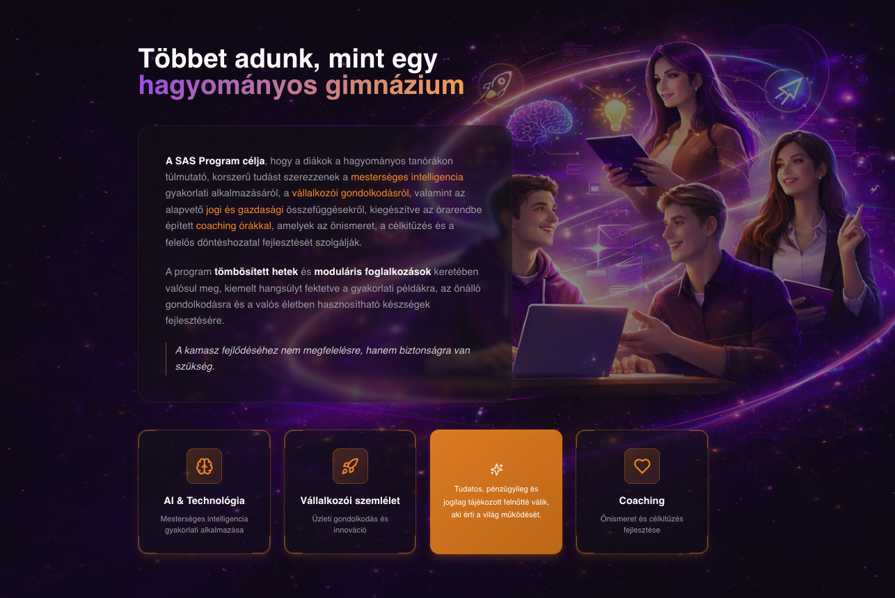 SAS Budapest magániskola weboldal, mockup